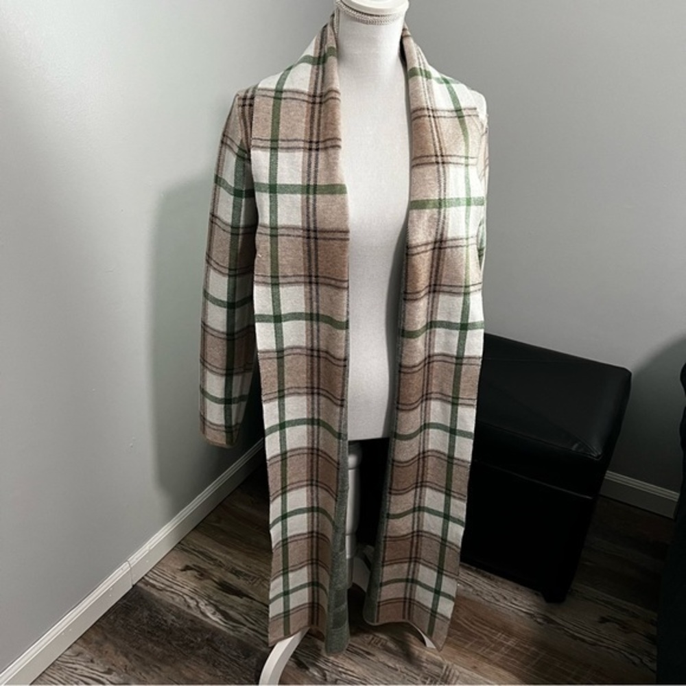 Max Studio Long Sweater Duster NWT Size Small Green, Tan, Cream Check